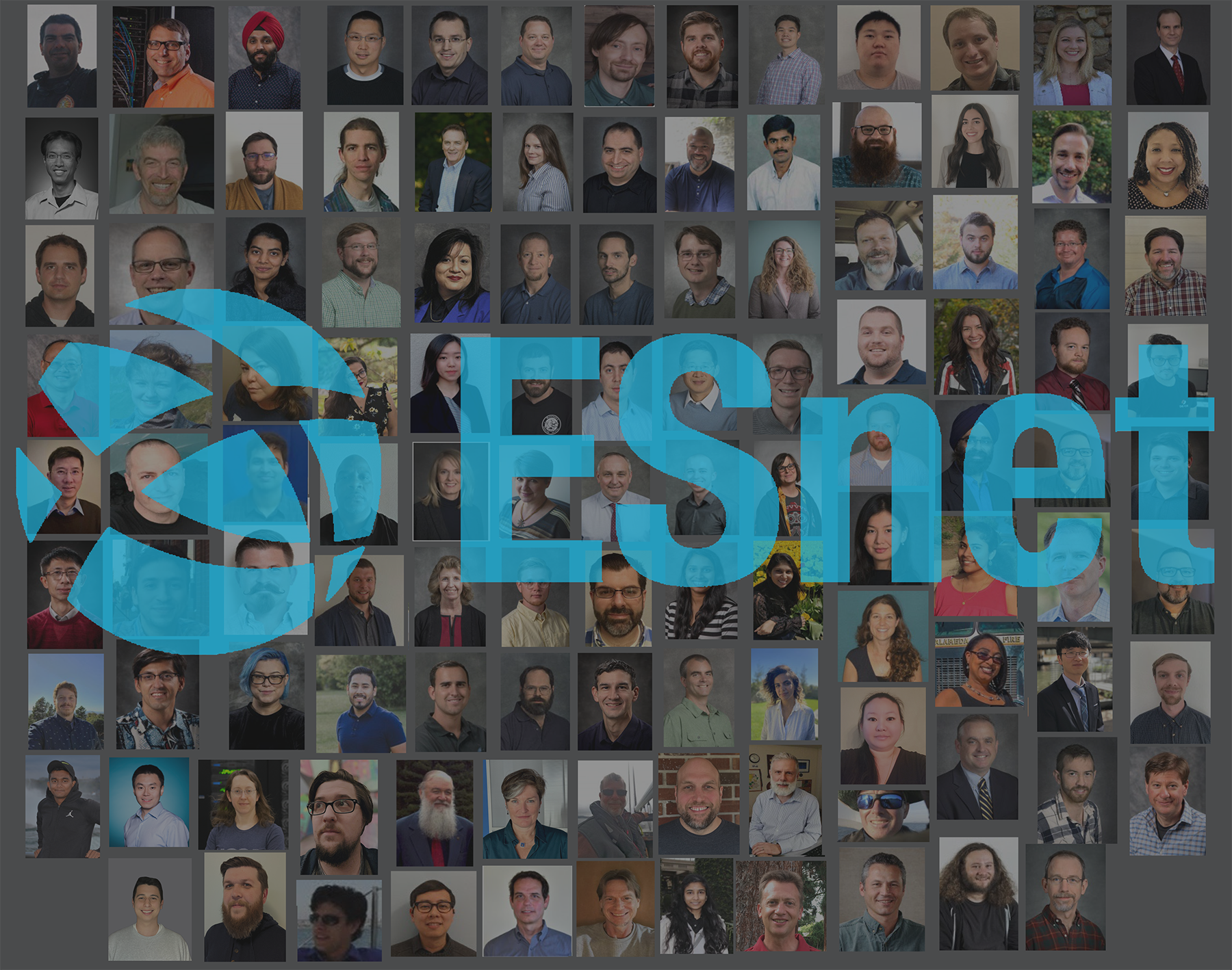 A gray square with small photos of the ESnet staff spread evenly throughout. The blue ESnet logo is overlayed in the middle and is slightly transparent