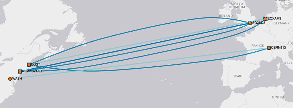 Map showing connections between East Coast and Europe